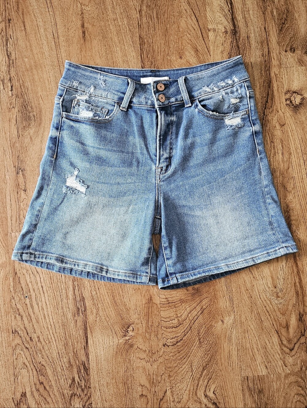 Women’s Light Blue Distressed Denim High Rise Shorts